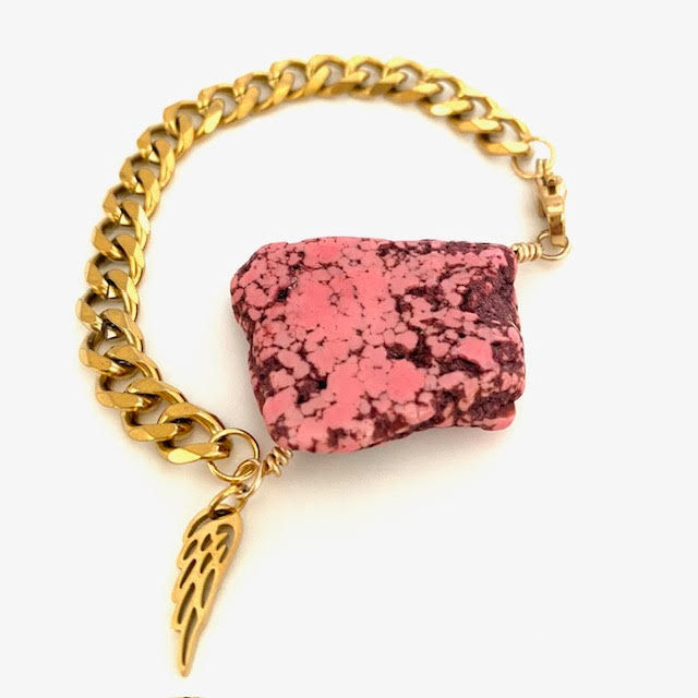 Thumbnail: Stainless Gemstone Slab Bracelet - Gold N Pink Freeform