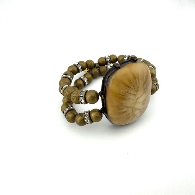 Thumbnail: Bronze N Cream Beaded Stretch Bracelet- Rhinestone N Stardust