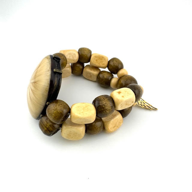 Thumbnail: Chunky Wood N Cream Beaded Stretch Bracelet (C)