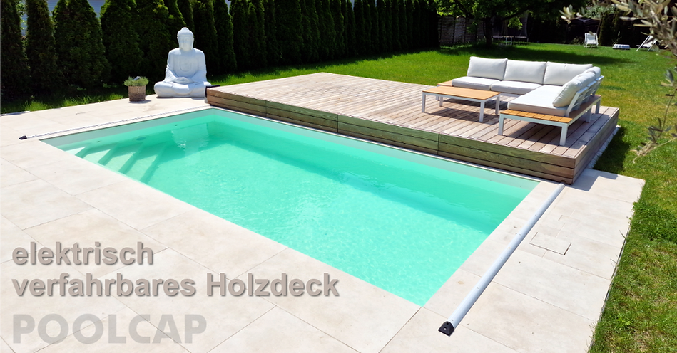 Poolabdeckung, Unfallschutz als elektrisch verfahrbare Terrasse Holzdeck Pooldeck