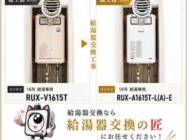 大阪市城東区　マンション給湯器交換　リンナイ16号/給湯専用　RUX-V1615T から RUX-V1615T-L(A)-E 取替え