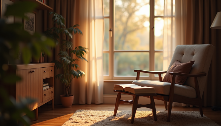 Eye-level view of a quiet corner with a cozy chair and soft lighting for relaxation