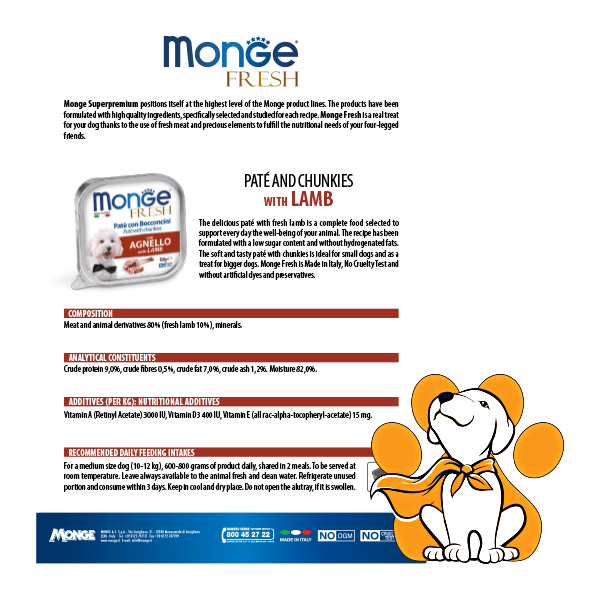 Thumbnail: Monge Fresh Pate & Chunkies with Lamb 100g, Jagnjeća pašteta za pse - Specifikacije i preporuka za doziranje hrane