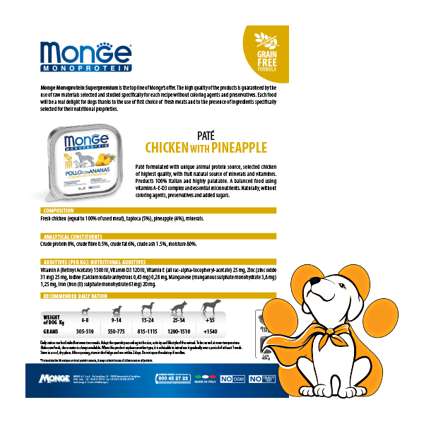 Thumbnail: Monge Monoprotein Chicken with Pineapple 150g, Pašteta za pse uus Piletina i ananas, sastav