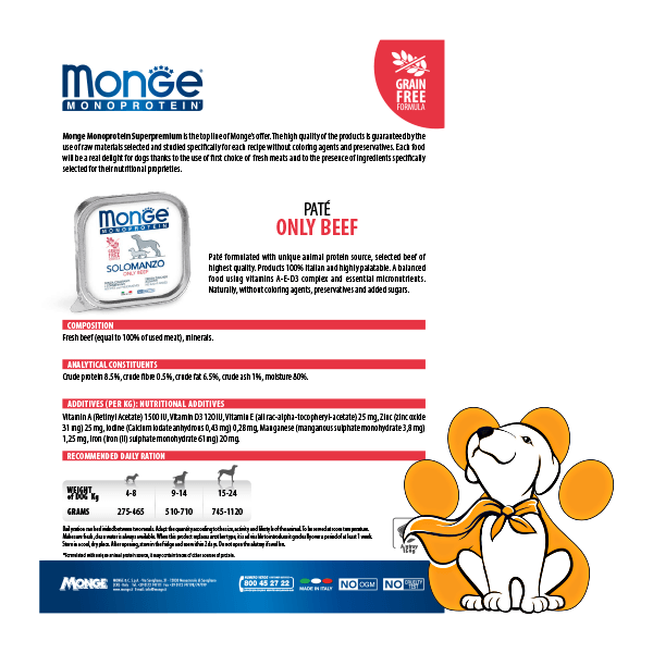 Thumbnail: Monge Monoprotein Only Lamb 150g, Pašteta za Pse ukus Jagnjetina, Sastav i tabela za doziranje hrane