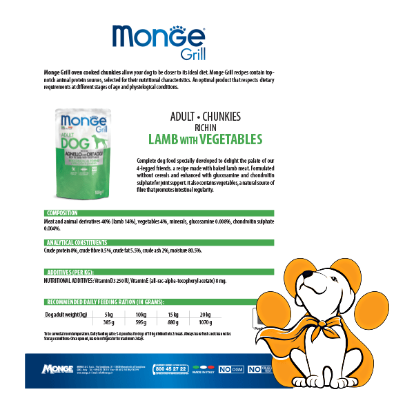 Thumbnail: Monge Grill Adult Lamb and Vegetables 100g, Hrana u kesici za pse ukus jagnjetina i povrće - Tabela zadoziranje hrane