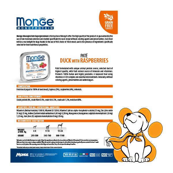 Thumbnail: Monge Monoprotein Duck and Raspberries 150g, Pašteta sa pačetinom i malinama za pse, sastav i tabela za doziranje