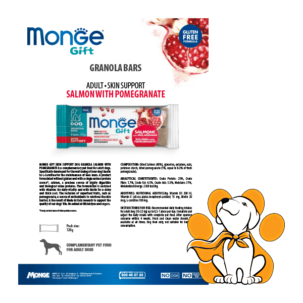 Thumbnail: Monge Gift Adult Salmon & Pomegranate Granula Bars Skin Support 120g, Zdrava pseća Poslastica