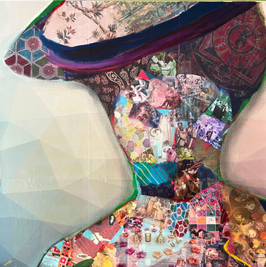 Mixed media: Collage, fabric, Oil pastel, and Acyclic
30'' x 30''
Contemporary mixed media portrait  exploring cultural identity, migration, and postcolonial memory as Identity by Nimisha Doongarwal