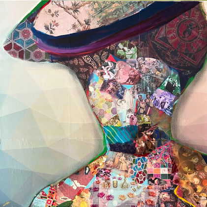 Mixed media: Collage, fabric, Oil pastel, and Acyclic
30'' x 30''
Contemporary mixed media portrait  exploring cultural identity, migration, and postcolonial memory as Identity by Nimisha Doongarwal
