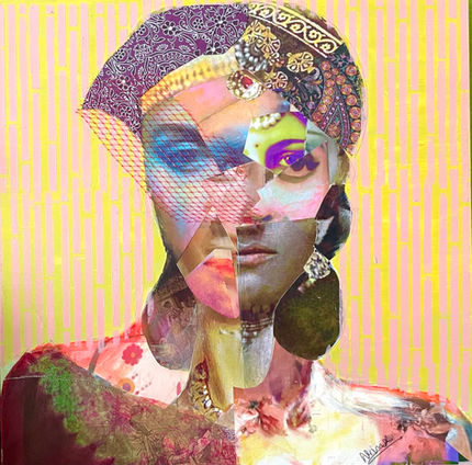 Mixed media: Collage, fabric, Oil pastel, and Acyclic
12'' X 12''
Contemporary mixed media portrait  exploring cultural identity, migration, and postcolonial memory as Identity by Nimisha Doongarwal