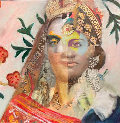 Mixed media: Collage, fabric, Oil pastel, and Acyclic
12'' X 12''
SOLD
Contemporary mixed media portrait  exploring cultural identity, migration, and postcolonial memory as Identity by Nimisha Doongarwal