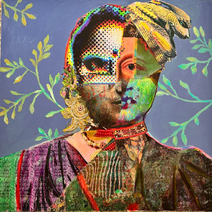 Mixed media: Collage, fabric, Oil pastel, and Acyclic
36'' X36''
4500 $
Contemporary mixed media portrait  exploring cultural identity, migration, and postcolonial memory as Identity by Nimisha Doongarwal