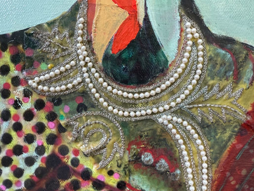 Close-up of vintage Indian wedding sari with gold embroidery and red base used in Nimisha Doongarwal’s mixed media artwork