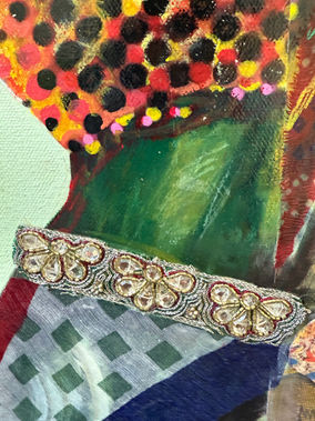 36X36
Fabric, paper, ink, oil pastel, acrylic, Indian sari, gold thread, pearls. 
Contemporary mixed Media art series by Nimisha Doongarwal, exploring gender, heritage, tradition, and resistance