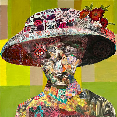 Mixed media: Collage, fabric, Oil pastel, and Acyclic
36'' X36''
Contemporary mixed media portrait  exploring cultural identity, migration, and postcolonial memory as Identity by Nimisha Doongarwal