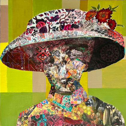 Mixed media: Collage, fabric, Oil pastel, and Acyclic
36'' X36''
Contemporary mixed media portrait  exploring cultural identity, migration, and postcolonial memory as Identity by Nimisha Doongarwal