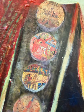 36X36
Fabric, paper, ink, oil pastel, acrylic, Indian sari, gold thread, pearls. 
Contemporary mixed Media art series by Nimisha Doongarwal, exploring gender, heritage, tradition, and resistance