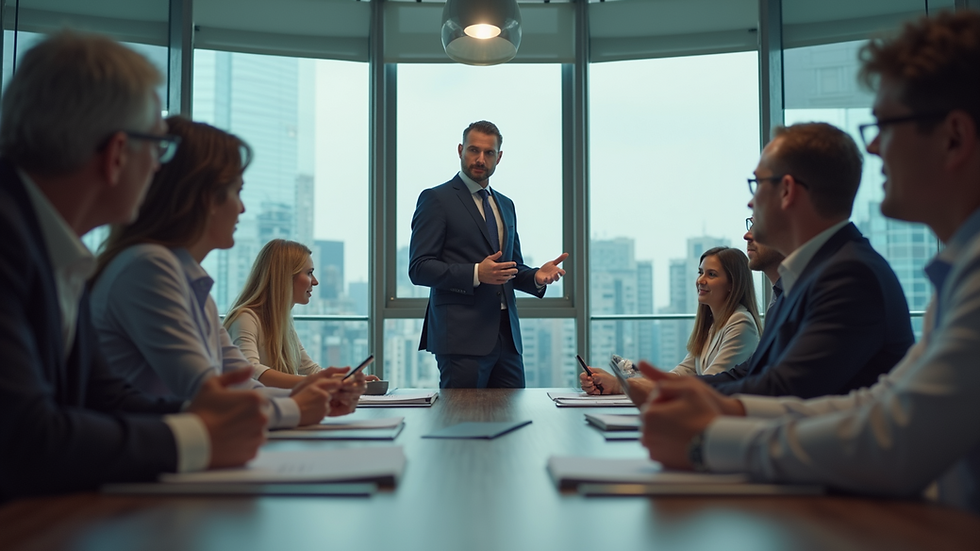 Eye-level view of a business meeting with a fractional leader presenting ideas