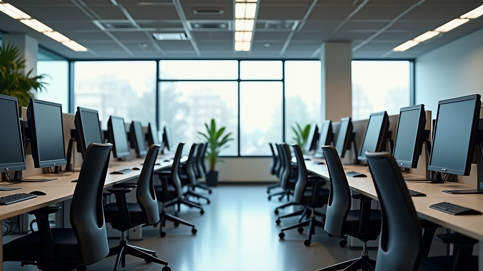 Eye-level view of a modern office workspace with organized desks and computers