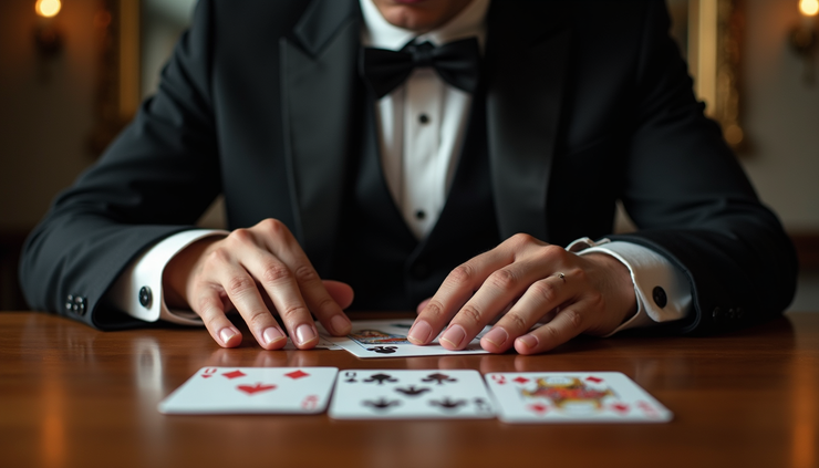Eye-level view of a magician performing a card trick on a wooden table