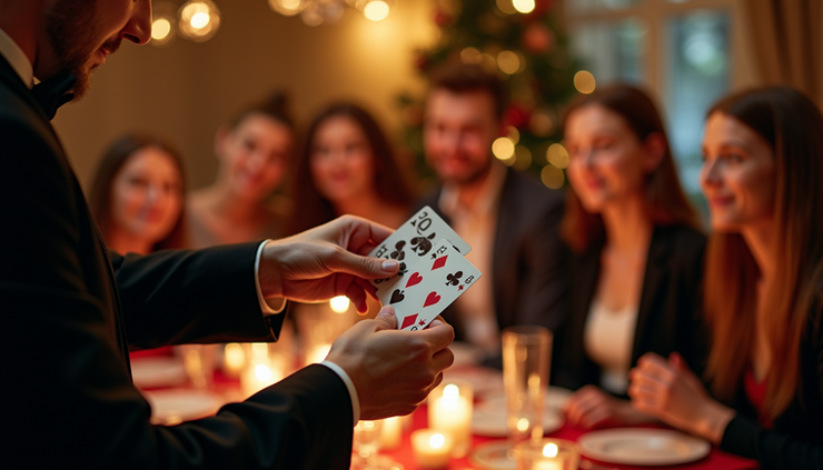 Eye-level view of a magician performing card tricks at a festive table with Christmas decorations