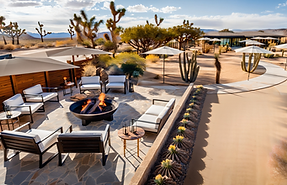 Outdoor fire pit lounge at the Flamingo Heights Desert Modern Estate by Drury Architects Inc., featuring sculpted desert land