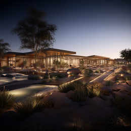 In the serene embrace of Joshua Tree, this newly envisioned wellness and sustainability residential village is a harmonious blend of luxury and tranquility, designed to offer an immersive experience in one of nature's most unique landscapes. The village's design pays homage to mid-century architecture, featuring clean lines, organic forms, and large glass expanses that dissolve the boundaries between indoor spaces and the rugged beauty of the desert.
