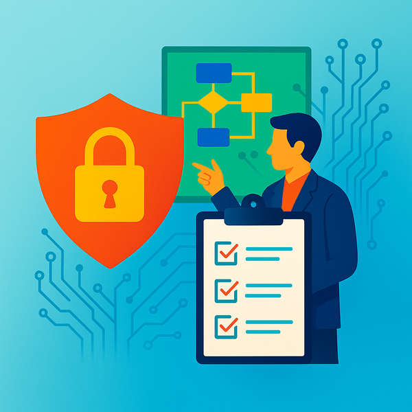 Ilustración colorida de ciberseguridad con escudo, candado, checklist y diagrama de flujo. Representa la implementación de un Sistema de Gestión de Datos Personales (SGDP) conforme a la LOPDP y estándares ISO.