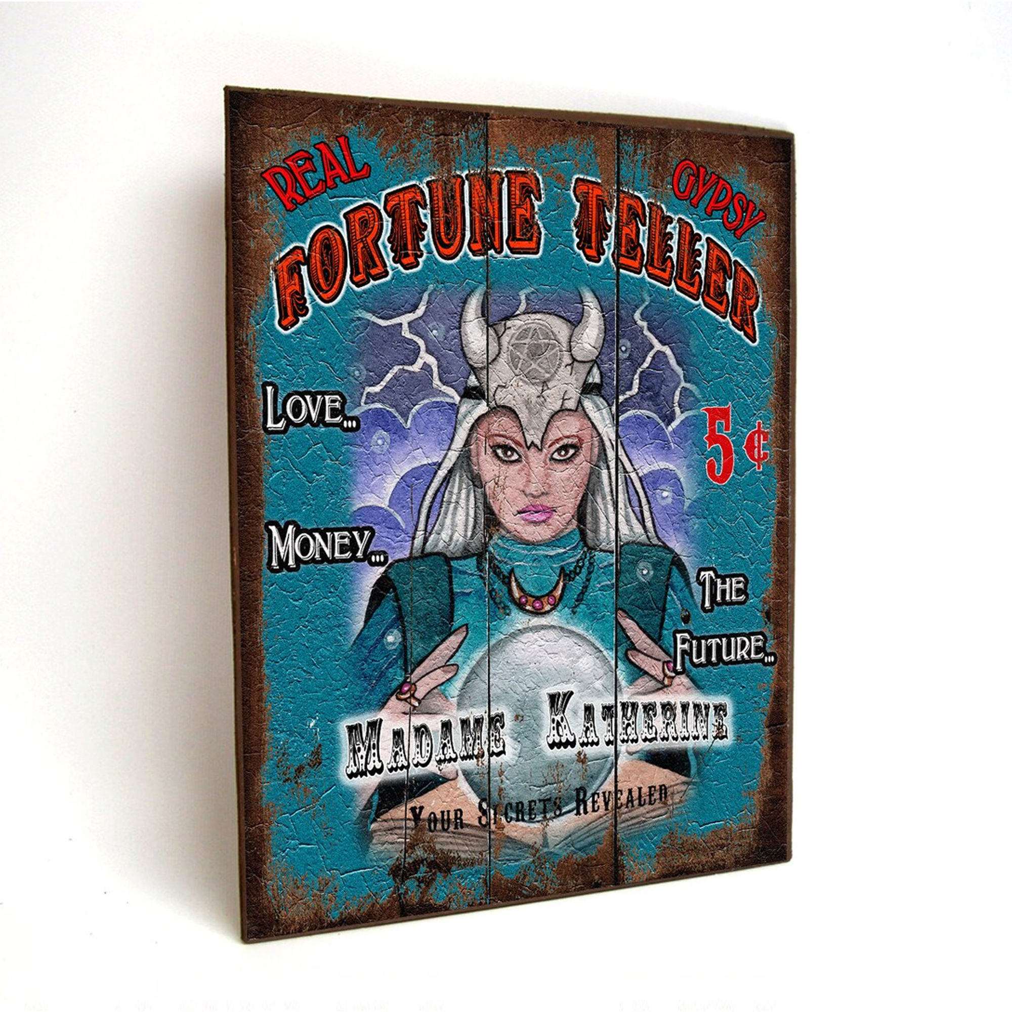 Wood sign with art featuring a gypsy fortune teller psychic and a crystal ball. The name can be customized and personalized