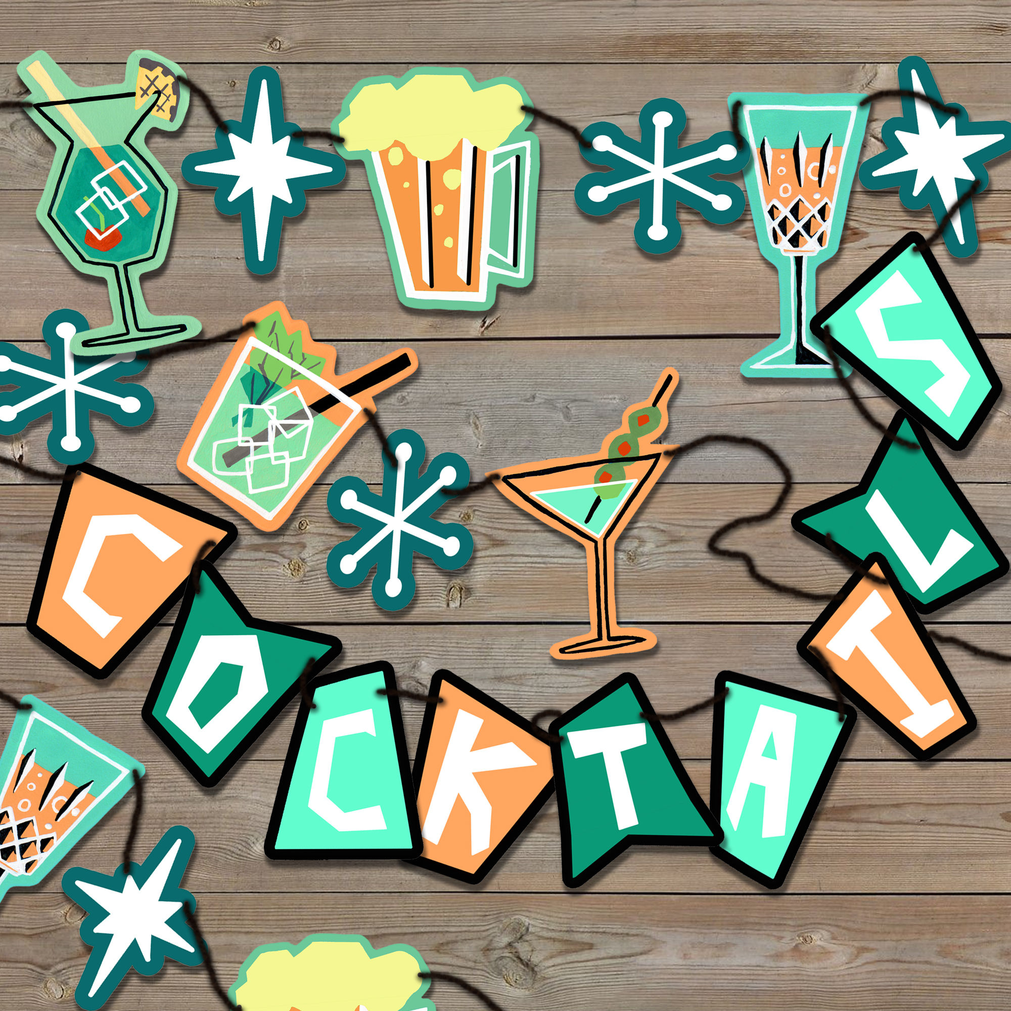 Retro paper cocktail party banner or garland. DIY mid century modern print and cut decor for Cricut