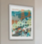 a large art print of San Francisco by Mid-Century Maude painted in bold colors featuring the Golden Gate Bridge