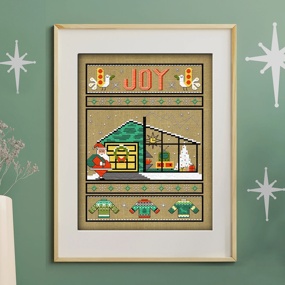 Thumbnail: a mid-century modern Christmas cross stitch sampler with retro house and Santa