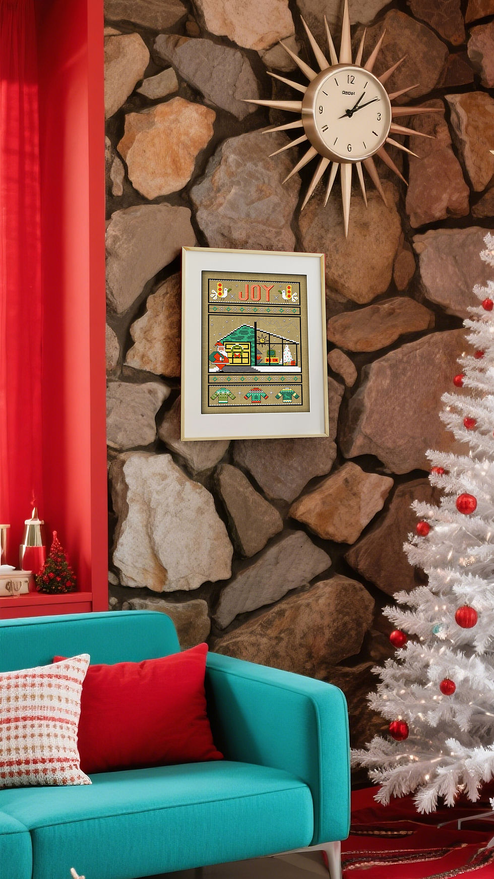 Thumbnail: A cross stitch featuring a retro Santa Claus in a mid-century modern living room is framed and displayed on a rock wall