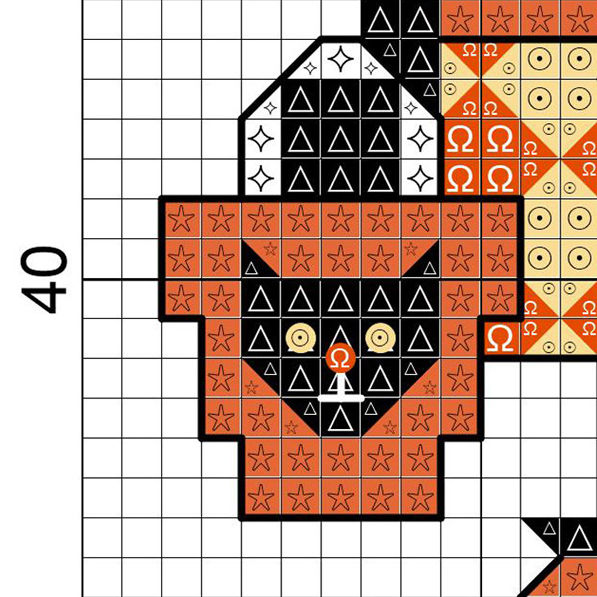 Thumbnail: cross stitch pattern of a trick or treat pail with a black cat face