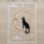 Thumbnail: A cross stitch pattern download of a black cat sitting in a smiling crescent moon with clouds and stars, stitched on linen