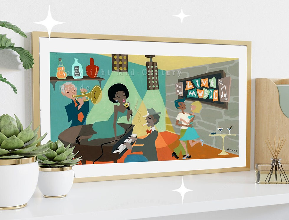 Poster art New Orleans piano jazz lounge with African American musician by mid century Maude. Similar to Shag and Mary Blair