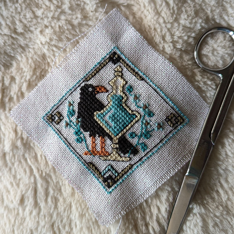 Thumbnail: stitched raven and apothecary bottle tiny counted cross stitch pattern