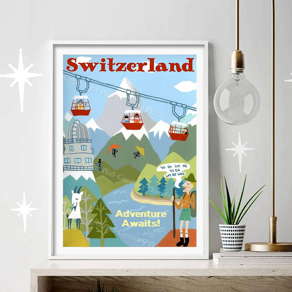 Thumbnail: An extra large art print of Switzerland by Mid-Century Maude featuring  the Swiss Alps, The Sphinx Observatory and a Yodeler
