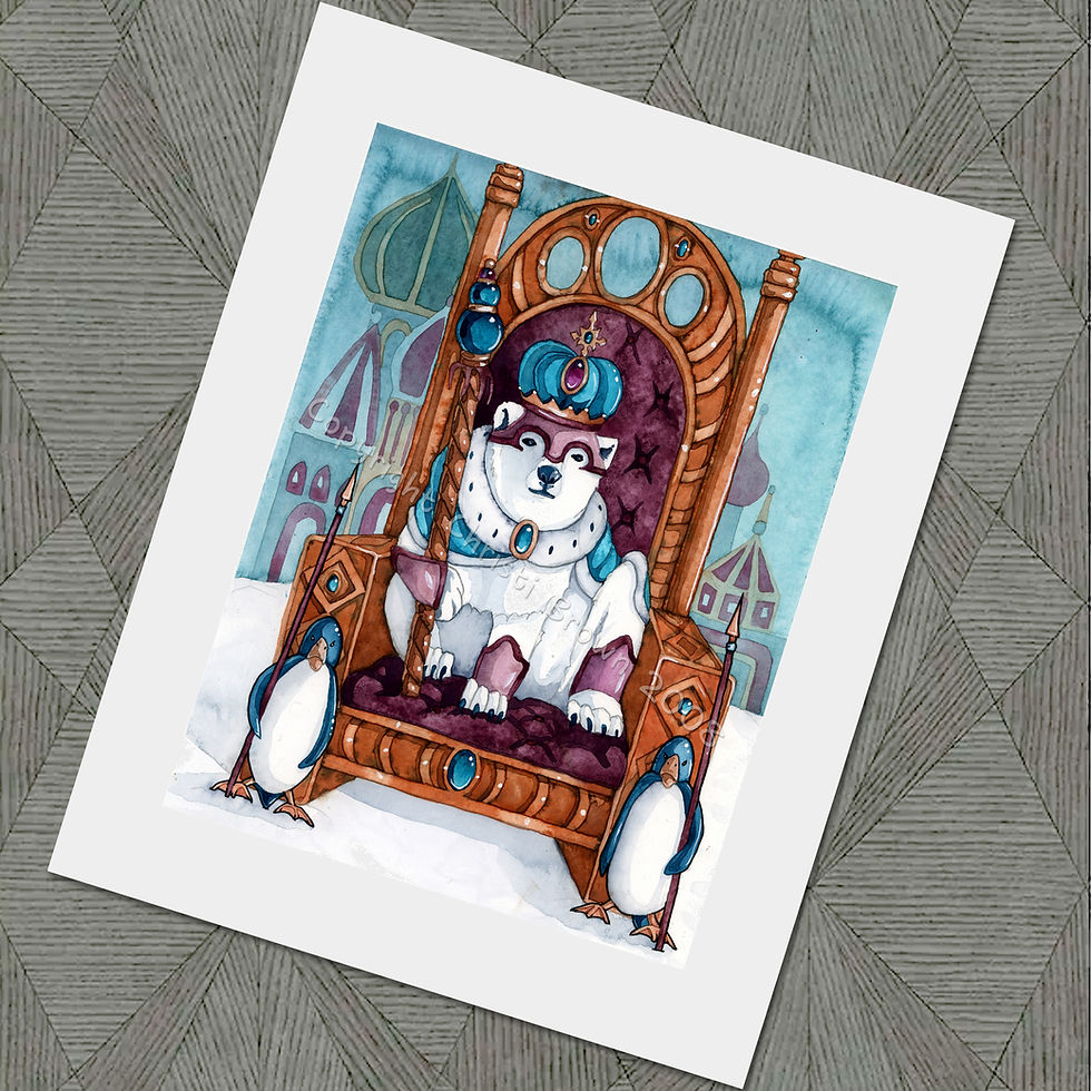 Thumbnail: 8x10 inch Polar bear and king penguins art print. Original fantasy watercolor painting by Christi Brown in purple and blue