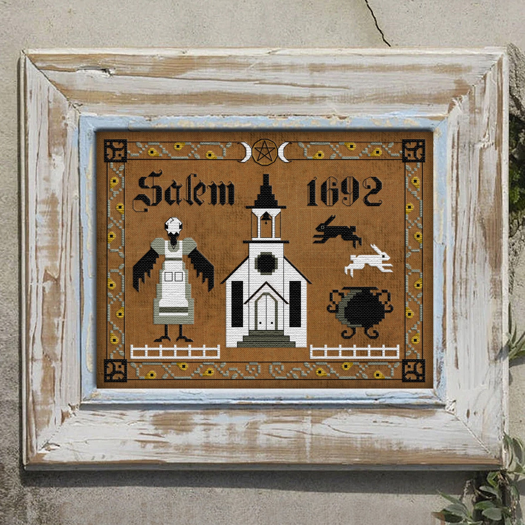 Salem witch trials 1692 primitive cross stitch pattern pdf download needlepoint embroidery on brown linen in white frame