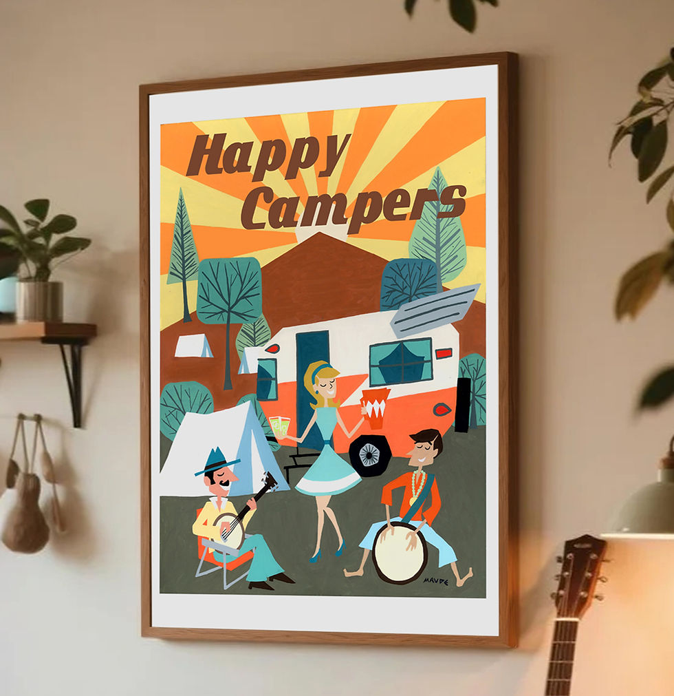 A framed poster of a vintage Shasta camper with musicians having a jam session with a retro sunburst in the background