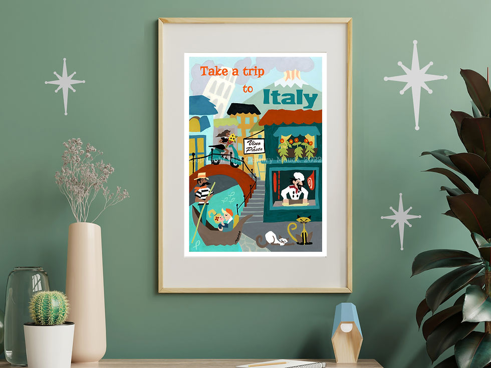 Thumbnail: A 13 x 19 inch framed print of Italy. Painting by Maude in retro vintage mid-century modern style