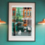 A large format framed wall art print of Paris by Mid-Century Maude. Features a French poodle, the Eiffel tower, and a cafe.