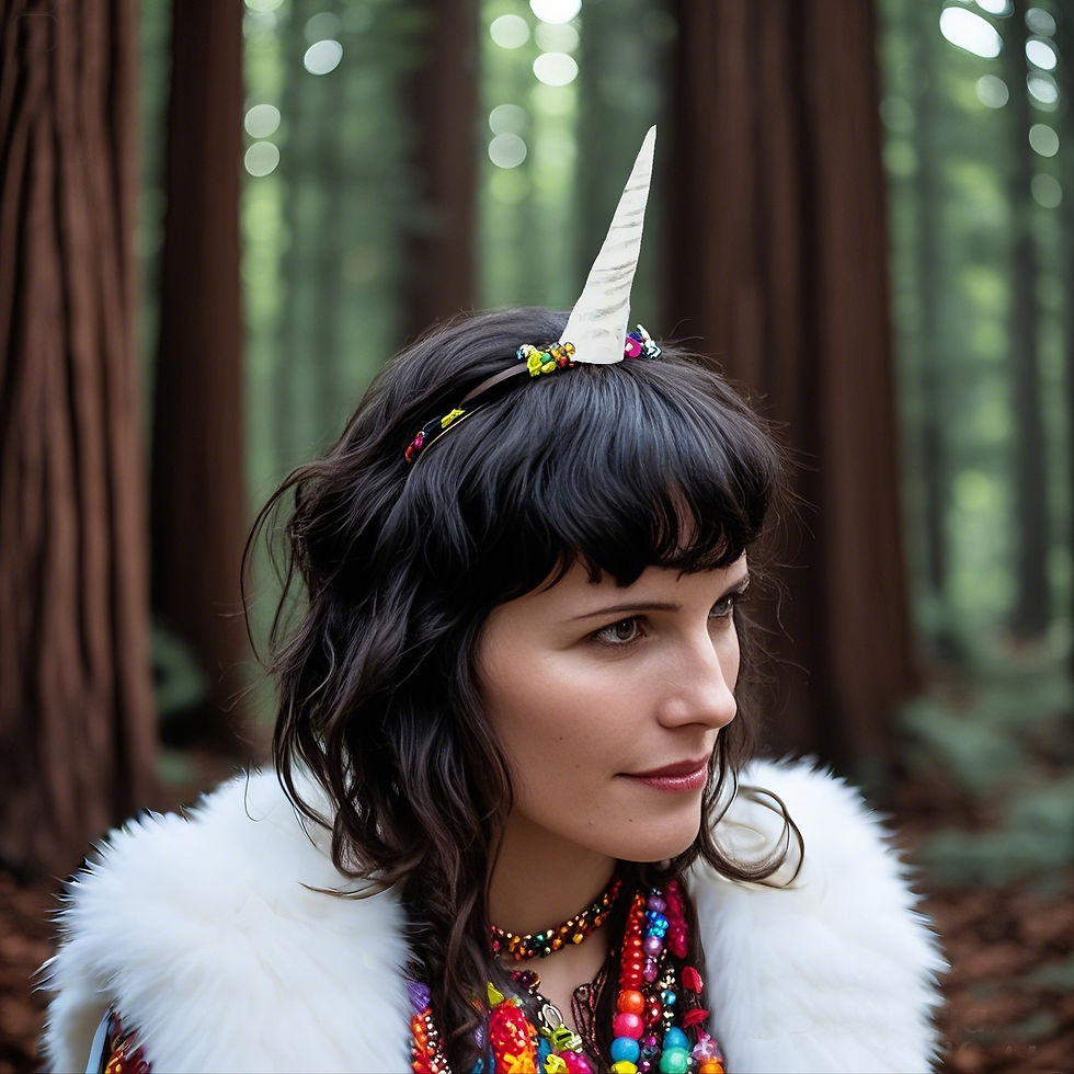 Thumbnail: a white, realistic, hand sculpted unicorn horn worn as a costume headpiece for a fantasy costume