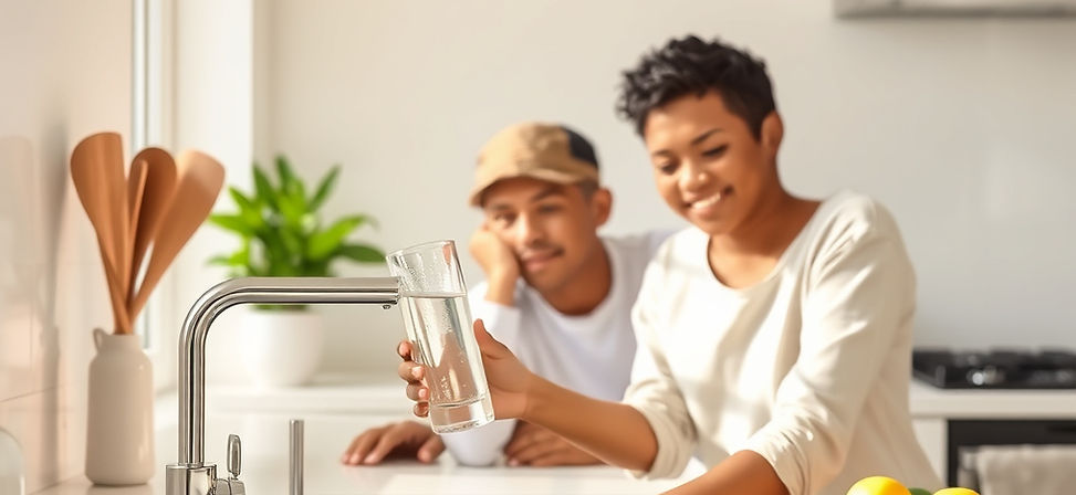 Happy South African family drinking clean filtered water at home after water purification system installation.