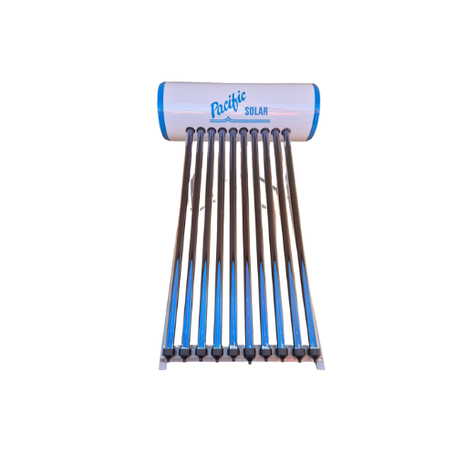 Front view of 100L high pressure solar geyser with stainless steel tank and evacuated tubes on white background