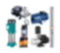 Multiple types of water pumps on a white background, including submersible, VSD, pressure, borehole, and multistage pumps.