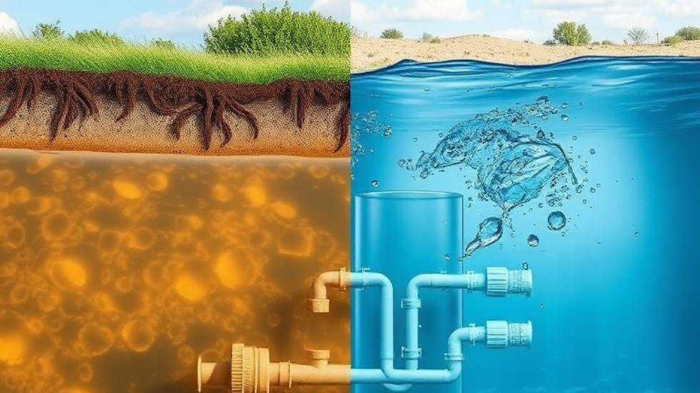 Split view of untreated vs. filtered borehole water with visible underground filtration system in South Africa.