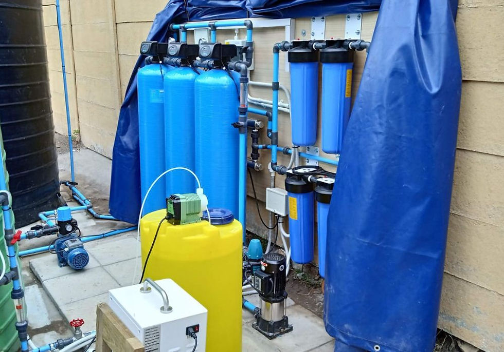 Comprehensive borehole water treatment system with pH correction, ozone circulation, filtration vessels and cartridge filters in Cape Town